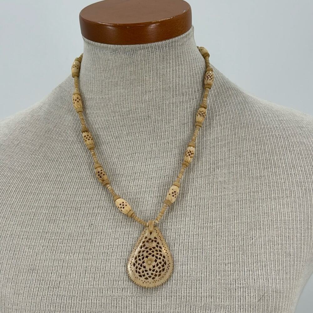Vintage hand carved bone Indian beaded necklace